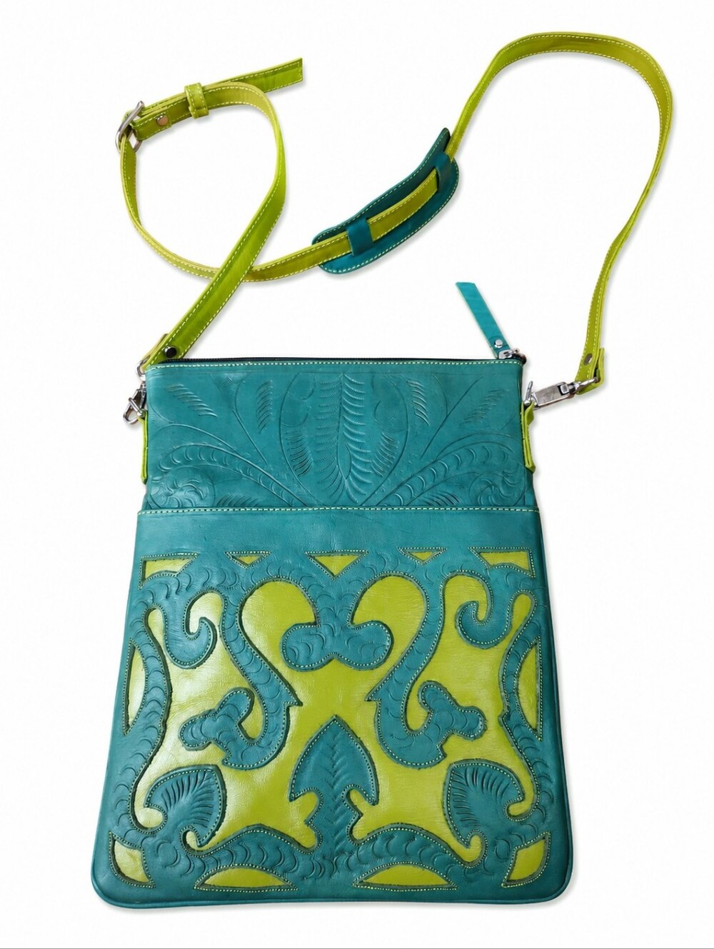 Labrado Leather Western Boho Embossed Teal and Green Leather Crossbody Bag